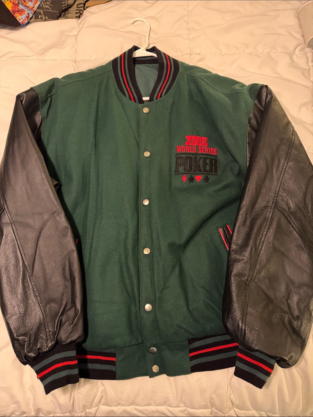 Green and Black Varsity Bomber Jacket with 2005 World Series Poker Embroidery